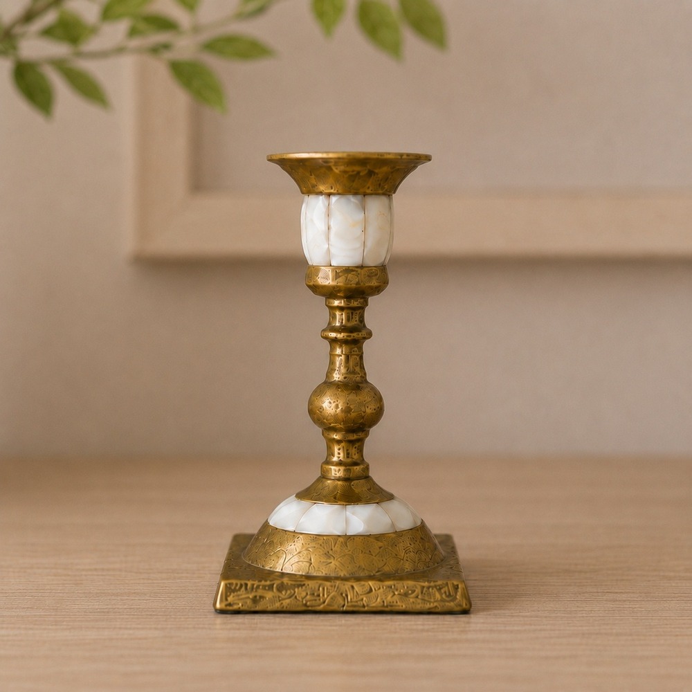 Vintage Brass Shell Inlay Candle Holder 4" Candlestick Square Base Patina